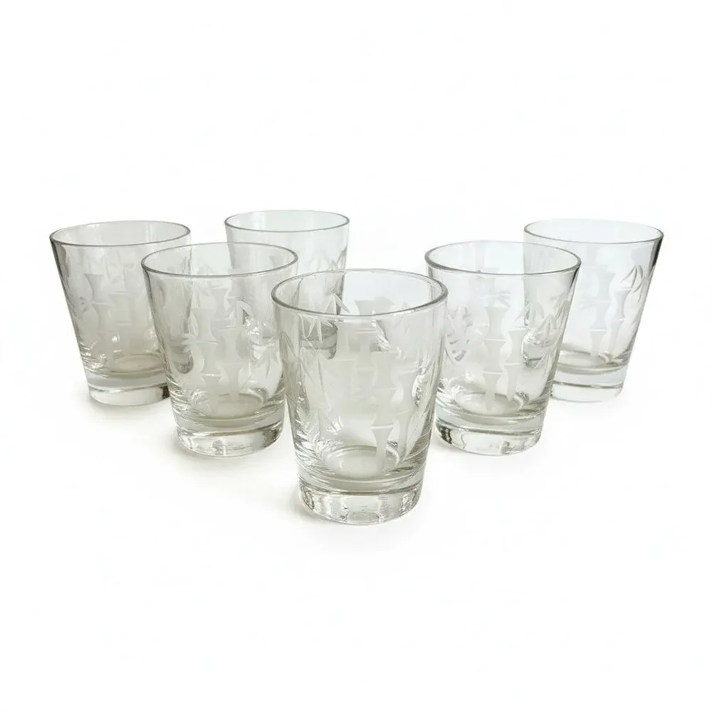 Vintage Sasaki Noritake Bamboo Etched Rocks Glasses Set 6-MCM-Japan-Barware